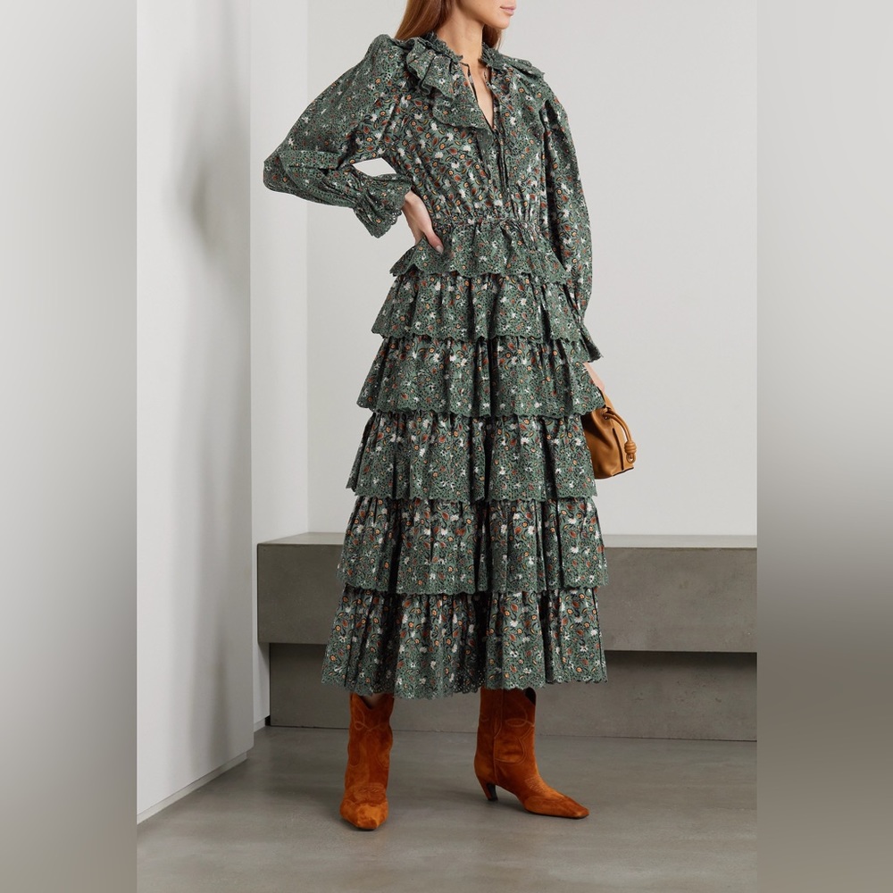 ULLA JOHNSON Odile ruffled floral broderie anglaise cotton-poplin midi dress